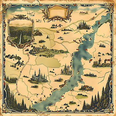 JPG 지도 일러스트 산 사람없음 강 판타지 갈색 탐험 빈티지 성 지형 국내일러스트 AI일러스트 AI콘텐츠 건축물 컬러 컨셉 상상 파일형식