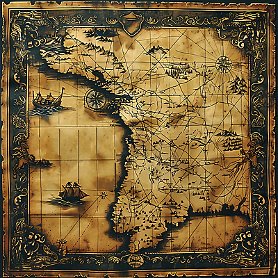 JPG 지도 일러스트 산 사람없음 판타지 갈색 탐험 빈티지 지형 선박 국내일러스트 AI일러스트 AI콘텐츠 컬러 컨셉 수상교통 상상 파일형식