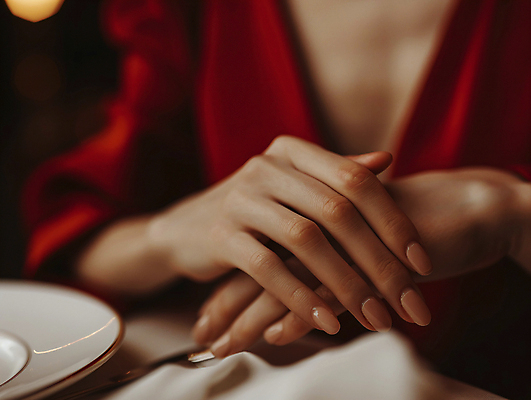 JPG 편집이미지 접시 손 관리 앞모습 신체부위 빨간색 뷰티 고급 네일아트 손톱 디지털합성 보케 손모으기 편집실사 AI인물포토 AI콘텐츠 식기 뷰포인트 컬러 컨셉 사람 손짓 CG 파일형식 AI포토