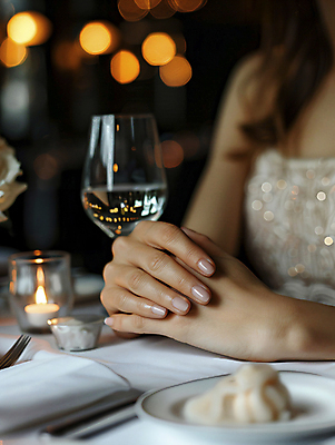 JPG 편집이미지 접시 손 와인잔 초 식탁 관리 앞모습 신체부위 뷰티 고급 네일아트 손톱 디지털합성 보케 손모으기 편집실사 AI인물포토 AI콘텐츠 식기 뷰포인트 컨셉 술잔 탁자 사람 손짓 CG 파일형식 AI포토