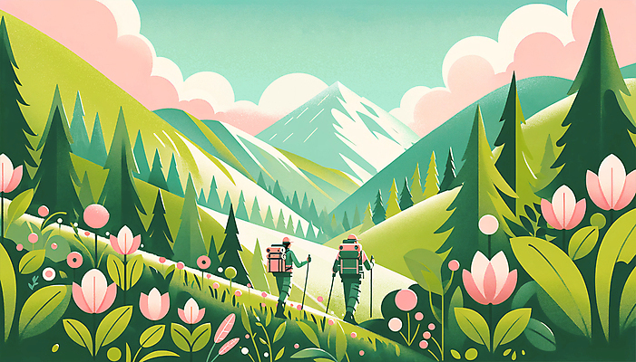 전신 PSD 나무 구름 여자 남자 꽃 가방 일러스트 하늘 산 아웃도어 성인 두명 초록색 봄풍경 하이킹 풀잎 분위기 등산객 등산복 등산스틱 성인만 국내일러스트 자연요소 식물 잡화 옷 컬러 컨셉 잎 레저 사람 풍경 봄 등산 풀_식물 등산용품 파일형식