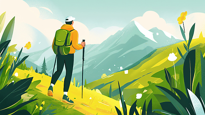 전신 PSD 구름 모자 남자 꽃 가방 일러스트 하늘 산 아웃도어 한명 성인 노란색 봄풍경 하이킹 풀잎 분위기 등산객 등산복 등산스틱 성인남자한명만 국내일러스트 자연요소 식물 1 잡화 옷 컬러 컨셉 잎 레저 사람 풍경 봄 등산 풀_식물 등산용품 남자한명만 성인남자만 파일형식