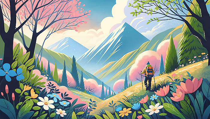 전신 PSD 나무 구름 모자 남자 꽃 분홍색 가방 일러스트 하늘 산 아웃도어 한명 성인 봄풍경 하이킹 벚꽃 풀잎 분위기 벚나무 등산객 등산복 등산스틱 성인남자한명만 국내일러스트 자연요소 식물 1 잡화 옷 컬러 컨셉 잎 레저 사람 풍경 봄 등산 풀_식물 등산용품 남자한명만 성인남자만 파일형식