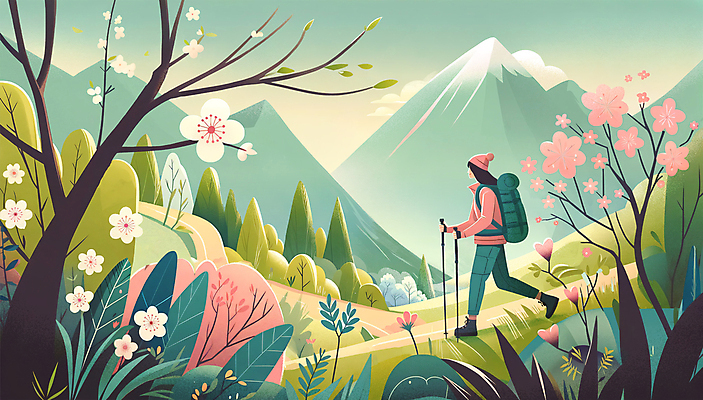전신 PSD 나무 구름 모자 여자 꽃 분홍색 가방 일러스트 하늘 산 아웃도어 한명 성인 봄풍경 하이킹 벚꽃 풀잎 분위기 벚나무 등산객 등산복 등산스틱 성인여자한명만 국내일러스트 자연요소 식물 1 잡화 옷 컬러 컨셉 잎 레저 사람 풍경 봄 등산 풀_식물 등산용품 여자한명만 성인여자만 파일형식