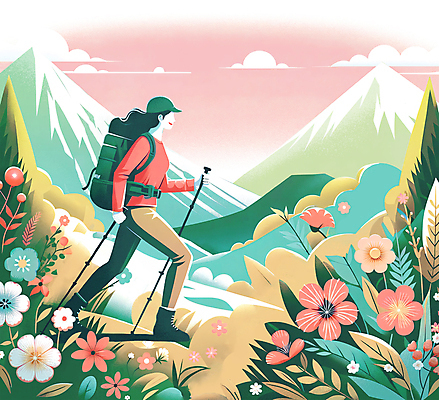 전신 PSD 나무 구름 여자 꽃 분홍색 가방 일러스트 하늘 산 아웃도어 한명 성인 봄풍경 하이킹 풀잎 분위기 등산객 등산복 등산스틱 성인여자한명만 국내일러스트 자연요소 식물 1 잡화 옷 컬러 컨셉 잎 레저 사람 풍경 봄 등산 풀_식물 등산용품 여자한명만 성인여자만 파일형식