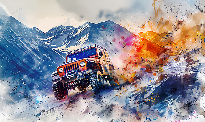 JPG 일러스트 자동차 수채화 산 사람없음 컬러풀 드라이브 거친 산길 오프로드 국내일러스트 AI일러스트 AI콘텐츠 길 육상교통 컬러 운전 파일형식