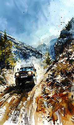 JPG 나무 일러스트 자동차 수채화 산 사람없음 컬러풀 드라이브 거친 산길 오프로드 국내일러스트 AI일러스트 AI콘텐츠 식물 길 육상교통 컬러 운전 파일형식