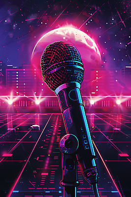 JPG 일러스트 조명 사람없음 건물 울타리 보라색 무대 달 화려 마이크 국내일러스트 AI일러스트 AI콘텐츠 자연요소 건축물 컬러 음향기기 컨셉 담장 파일형식