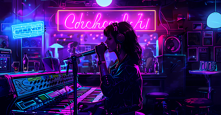 JPG 여자 음향기기 일러스트 노래 조명 한명 상반신 성인 보라색 헤드셋 가수 잡기 화려 마이크 즐거움 네온 전자피아노 성인여자한명만 국내일러스트 AI일러스트 AI콘텐츠 1 감정 음악 컬러 컨셉 모션 사람 전자제품 헤드폰 음악가 피아노 여자한명만 성인여자만 파일형식