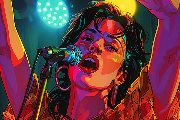 JPG 응시 여자 일러스트 노래 조명 한명 상반신 성인 보라색 귀걸이 가수 화려 마이크 즐거움 성인여자한명만 국내일러스트 AI일러스트 AI콘텐츠 1 시선 감정 음악 컬러 음향기기 컨셉 장신구 사람 음악가 여자한명만 성인여자만 파일형식