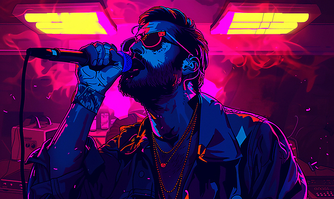 JPG 남자 일러스트 목걸이 노래 조명 한명 상반신 성인 선글라스 보라색 가수 화려 마이크 즐거움 성인남자한명만 국내일러스트 AI일러스트 AI콘텐츠 1 감정 안경 음악 컬러 음향기기 컨셉 장신구 사람 음악가 남자한명만 성인남자만 파일형식