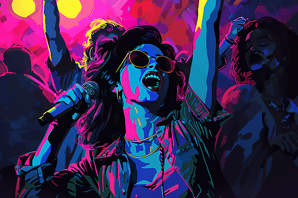 JPG 여자 일러스트 목걸이 노래 조명 한명 상반신 성인 선글라스 보라색 가수 화려 군중 마이크 즐거움 성인여자한명만 국내일러스트 AI일러스트 AI콘텐츠 1 감정 안경 음악 컬러 음향기기 컨셉 장신구 사람 음악가 여자한명만 성인여자만 파일형식