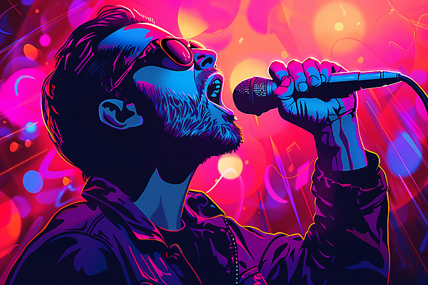 JPG 남자 일러스트 노래 조명 한명 상반신 성인 선글라스 보라색 가수 화려 마이크 즐거움 성인남자한명만 국내일러스트 AI일러스트 AI콘텐츠 1 감정 안경 음악 컬러 음향기기 컨셉 사람 음악가 남자한명만 성인남자만 파일형식