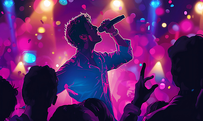 JPG 남자 일러스트 노래 조명 한명 상반신 성인 보라색 가수 화려 군중 마이크 즐거움 성인남자한명만 국내일러스트 AI일러스트 AI콘텐츠 1 감정 음악 컬러 음향기기 컨셉 사람 음악가 남자한명만 성인남자만 파일형식