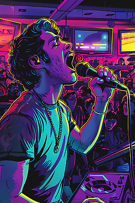 JPG 남자 일러스트 목걸이 노래 조명 한명 상반신 성인 보라색 텔레비전 가수 화려 군중 마이크 즐거움 성인남자한명만 국내일러스트 AI일러스트 AI콘텐츠 1 감정 음악 컬러 음향기기 컨셉 장신구 사람 전자제품 음악가 남자한명만 성인남자만 파일형식