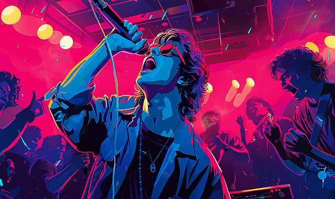 JPG 무료이미지 남자 일러스트 목걸이 노래 조명 여러명 상반신 성인 선글라스 보라색 가수 화려 군중 마이크 즐거움 성인만 국내일러스트 AI일러스트 AI콘텐츠 감정 안경 음악 컬러 음향기기 다수 컨셉 장신구 사람 음악가 파일형식