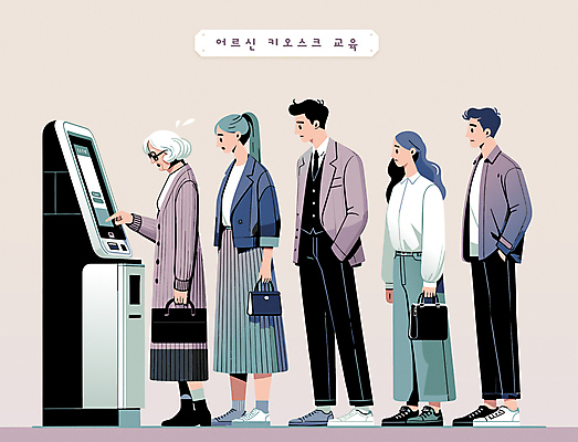 전신 여자 교육 노년 남자 할머니 가방 일러스트 들기 여러명 성인 타이포그라피 보라색 터치 기다림 땀 당황 순서 어려움 키오스크 국내일러스트 AI파일 문자 잡화 감정 컬러 다수 모션 사람 파일형식 벡터