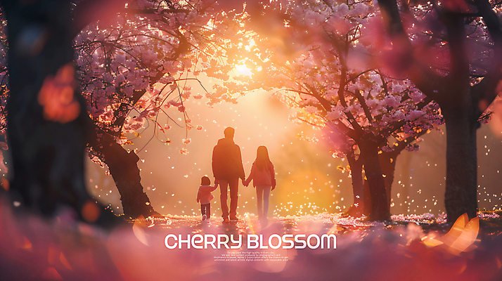 PSD 편집이미지 여자 남자 딸 길 어린이 가족 엄마 소녀 성인 세명 빛 노을 손잡기 봄 벚꽃 아빠 꽃길 이미지편집 자연요소 계절 꽃 관계 모션 사람 파일형식
