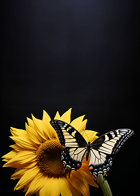 JPG 편집이미지 나비 해바라기 사람없음 검은색 분위기 카피스페이스 편집실사 AI포토 AI콘텐츠 꽃 컬러 곤충 컨셉 공백 CG 파일형식