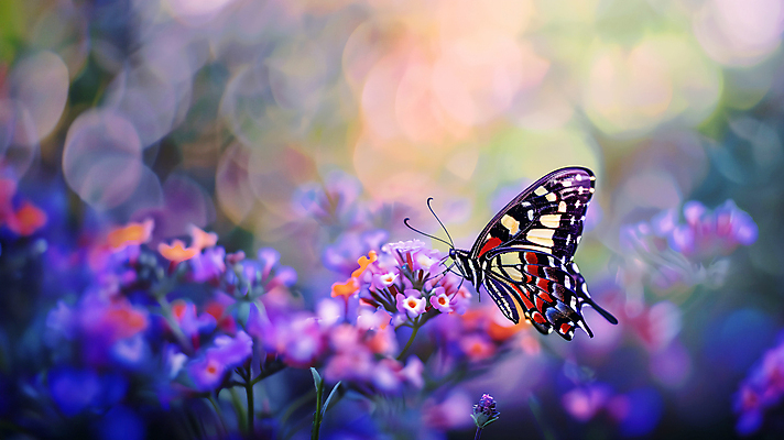 JPG 편집이미지 꽃 나비 사람없음 보라색 봄 분위기 카피스페이스 편집실사 AI포토 AI콘텐츠 식물 계절 컬러 곤충 컨셉 공백 CG 파일형식