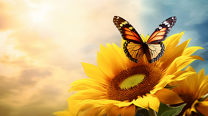 JPG 편집이미지 나비 해바라기 사람없음 노란색 분위기 카피스페이스 편집실사 AI포토 AI콘텐츠 꽃 컬러 곤충 컨셉 공백 CG 파일형식