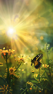 JPG 편집이미지 꽃 나비 사람없음 햇빛 노란색 봄 분위기 카피스페이스 편집실사 AI포토 AI콘텐츠 식물 계절 컬러 곤충 컨셉 태양 공백 CG 파일형식