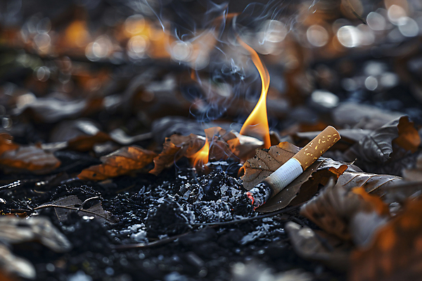 JPG 편집이미지 낙엽 불 산 사람없음 숲 디지털합성 재해 담배꽁초 산불 방화 편집실사 AI포토 AI콘텐츠 자연요소 잎 담배 CG 화재 파일형식