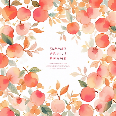 PSD 분홍색 일러스트 수채화 프레임 사람없음 여름 신선 풀잎 달콤 복숭아 카피스페이스 국내일러스트 계절 컬러 잎 과일 공백 풀_식물 맛 파일형식