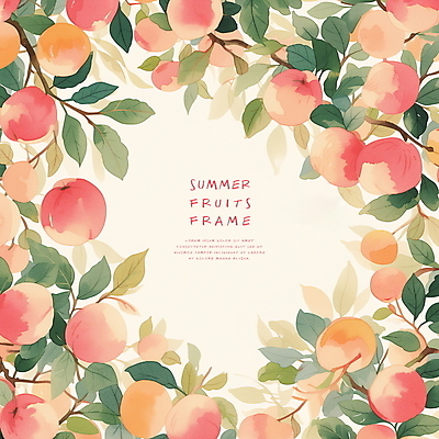 PSD 분홍색 일러스트 수채화 프레임 사람없음 여름 풀잎 달콤 복숭아 카피스페이스 국내일러스트 계절 컬러 잎 과일 공백 풀_식물 맛 파일형식