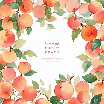 PSD 분홍색 일러스트 수채화 프레임 사람없음 여름 풀잎 달콤 복숭아 카피스페이스 국내일러스트 계절 컬러 잎 과일 공백 풀_식물 맛 파일형식