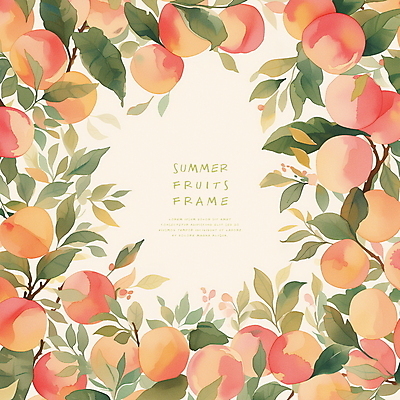 PSD 분홍색 일러스트 수채화 프레임 사람없음 여름 신선 풀잎 달콤 복숭아 카피스페이스 국내일러스트 계절 컬러 잎 과일 공백 풀_식물 맛 파일형식