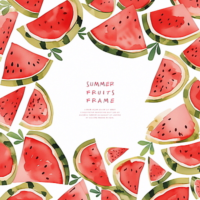 PSD 일러스트 수채화 수박 프레임 사람없음 빨간색 여름 신선 풀잎 달콤 카피스페이스 국내일러스트 계절 컬러 잎 과일 공백 풀_식물 맛 파일형식