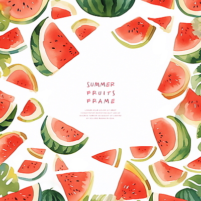 PSD 일러스트 수채화 수박 프레임 사람없음 빨간색 여름 신선 풀잎 달콤 카피스페이스 국내일러스트 계절 컬러 잎 과일 공백 풀_식물 맛 파일형식