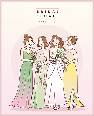 전신 드레스 여자 분홍색 꽃다발 웨딩드레스 결혼 라인일러스트 일러스트 수채화 여러명 성인 친구 파티 로맨틱 축하 초대 성인여자만 브라이덜샤워 국내일러스트 AI파일 카드프레임 옷 꽃 컬러 다수 컨셉 관계 프레임 사람 이벤트 여자만 성인만 파일형식 벡터