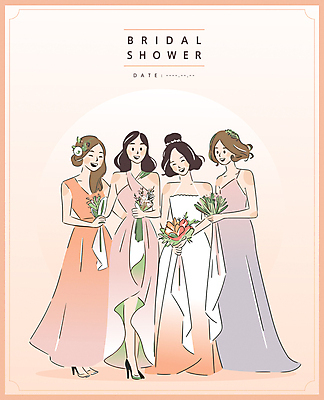 전신 드레스 여자 꽃다발 웨딩드레스 결혼 라인일러스트 일러스트 수채화 여러명 성인 친구 파티 주황색 로맨틱 축하 초대 성인여자만 브라이덜샤워 국내일러스트 AI파일 카드프레임 옷 꽃 컬러 다수 컨셉 관계 프레임 사람 이벤트 여자만 성인만 파일형식 벡터