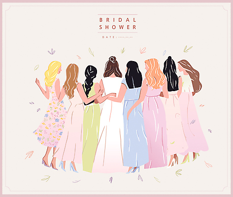 전신 드레스 여자 분홍색 웨딩드레스 결혼 일러스트 수채화 여러명 성인 친구 파티 로맨틱 축하 초대 성인여자만 브라이덜샤워 국내일러스트 AI파일 카드프레임 옷 컬러 다수 컨셉 관계 프레임 사람 이벤트 여자만 성인만 파일형식 벡터