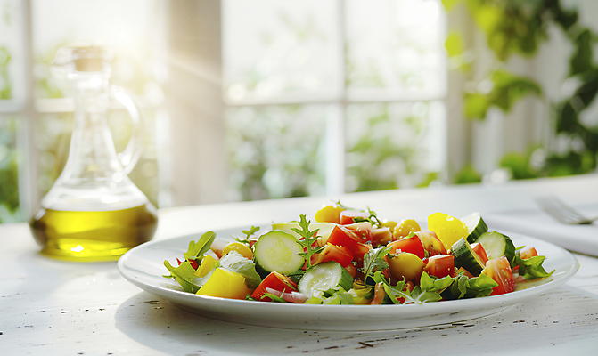 JPG 편집이미지 접시 포크 채소 창문 식탁 건강 사람없음 식사 샐러드 신선 풀잎 소스 올리브오일 천 편집실사 AI포토 AI콘텐츠 식기 음식 잎 탁자 직물 양념 풀_식물 기름_음식 CG 파일형식