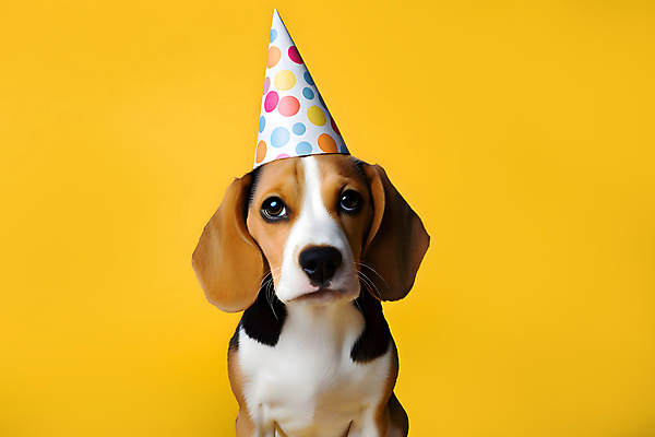 JPG 스튜디오촬영 편집이미지 한마리 반려견 실내 사람없음 노란색 고깔모자 축하 개 강아지 비글 세계강아지의날 편집실사 AI포토 AI콘텐츠 모자_잡화 1 기념일 컬러 컨셉 포유류 내부 반려동물 CG 파일형식