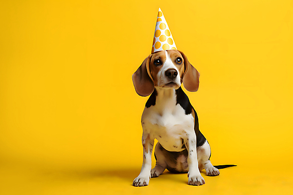 JPG 스튜디오촬영 편집이미지 한마리 반려견 실내 사람없음 노란색 고깔모자 축하 개 강아지 비글 세계강아지의날 편집실사 AI포토 AI콘텐츠 모자_잡화 1 기념일 컬러 컨셉 포유류 내부 반려동물 CG 파일형식