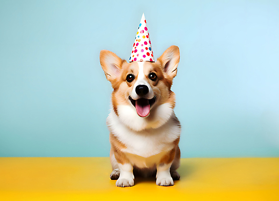 JPG 스튜디오촬영 편집이미지 한마리 반려견 실내 사람없음 파란색 고깔모자 축하 개 강아지 웰시코기 세계강아지의날 편집실사 AI포토 AI콘텐츠 모자_잡화 1 기념일 컬러 컨셉 포유류 내부 반려동물 CG 파일형식
