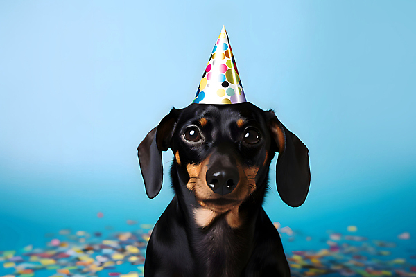 JPG 스튜디오촬영 편집이미지 한마리 반려견 실내 사람없음 파란색 고깔모자 축하 개 강아지 닥스훈트 꽃가루 세계강아지의날 편집실사 AI포토 AI콘텐츠 모자_잡화 1 기념일 컬러 컨셉 포유류 내부 반려동물 가루 CG 파일형식