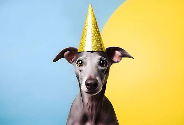 JPG 스튜디오촬영 편집이미지 한마리 반려견 실내 사람없음 파란색 노란색 고깔모자 축하 개 강아지 그레이하운드 세계강아지의날 편집실사 AI포토 AI콘텐츠 모자_잡화 1 기념일 컬러 컨셉 포유류 내부 반려동물 CG 하운드 파일형식