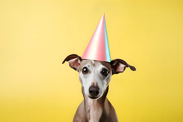 JPG 스튜디오촬영 편집이미지 한마리 반려견 실내 사람없음 노란색 고깔모자 축하 개 강아지 그레이하운드 세계강아지의날 편집실사 AI포토 AI콘텐츠 모자_잡화 1 기념일 컬러 컨셉 포유류 내부 반려동물 CG 하운드 파일형식