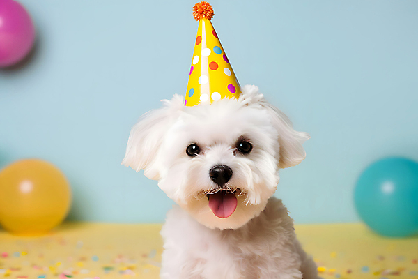 JPG 스튜디오촬영 편집이미지 한마리 반려견 실내 사람없음 파란색 고깔모자 축하 말티즈 개 강아지 세계강아지의날 편집실사 AI포토 AI콘텐츠 모자_잡화 1 기념일 컬러 컨셉 포유류 내부 반려동물 CG 파일형식