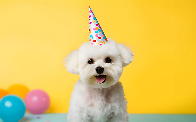 JPG 스튜디오촬영 편집이미지 한마리 반려견 실내 사람없음 노란색 고깔모자 축하 말티즈 개 강아지 풍선 세계강아지의날 편집실사 AI포토 AI콘텐츠 모자_잡화 1 기념일 컬러 컨셉 포유류 내부 반려동물 CG 파일형식