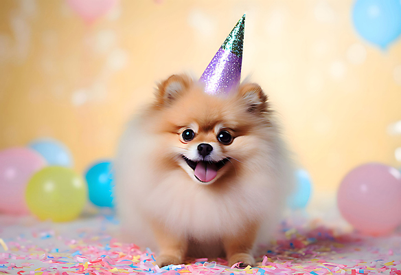 JPG 스튜디오촬영 편집이미지 한마리 반려견 실내 사람없음 노란색 고깔모자 축하 개 강아지 꽃가루 풍선 포메라니안 세계강아지의날 편집실사 AI포토 AI콘텐츠 모자_잡화 1 기념일 컬러 컨셉 포유류 내부 반려동물 가루 CG 파일형식