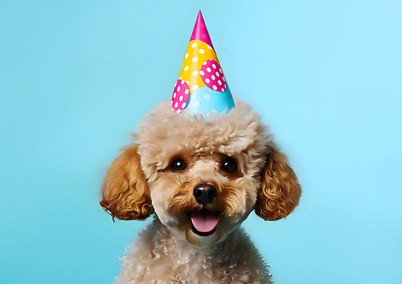 JPG 스튜디오촬영 편집이미지 한마리 반려견 실내 사람없음 파란색 고깔모자 축하 개 강아지 푸들 세계강아지의날 편집실사 AI포토 AI콘텐츠 모자_잡화 1 기념일 컬러 컨셉 포유류 내부 반려동물 CG 파일형식