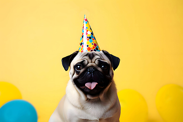 JPG 스튜디오촬영 편집이미지 한마리 반려견 실내 사람없음 노란색 고깔모자 축하 개 강아지 풍선 퍼그 세계강아지의날 편집실사 AI포토 AI콘텐츠 모자_잡화 1 기념일 컬러 컨셉 포유류 내부 반려동물 CG 파일형식