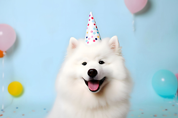 JPG 스튜디오촬영 편집이미지 한마리 반려견 실내 사람없음 파란색 고깔모자 축하 개 강아지 풍선 사모예드 세계강아지의날 편집실사 AI포토 AI콘텐츠 모자_잡화 1 기념일 컬러 컨셉 포유류 내부 반려동물 CG 파일형식