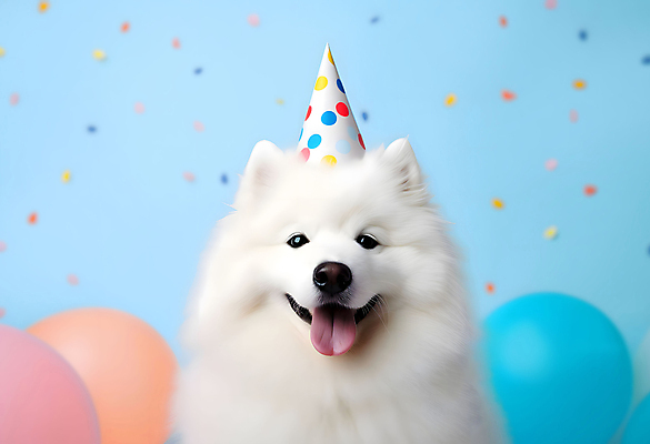 JPG 스튜디오촬영 편집이미지 한마리 반려견 실내 사람없음 파란색 고깔모자 축하 개 강아지 꽃가루 풍선 사모예드 세계강아지의날 편집실사 AI포토 AI콘텐츠 모자_잡화 1 기념일 컬러 컨셉 포유류 내부 반려동물 가루 CG 파일형식